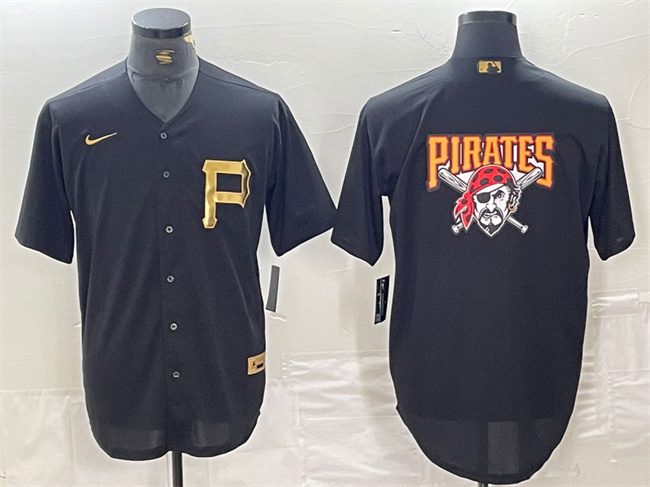 Men's Pittsburgh Pirates Black Team Big Logo Cool Base Stitched Baseball Jersey